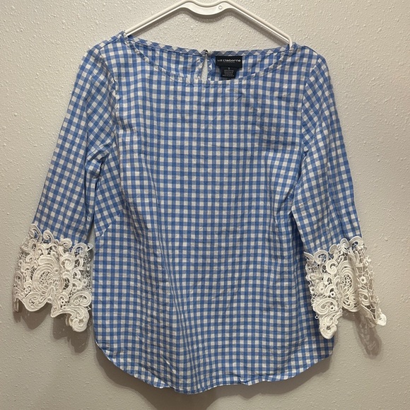 Liz Claiborne Tops - Liz Claiborne Blue Gingham Blouse with White Lace